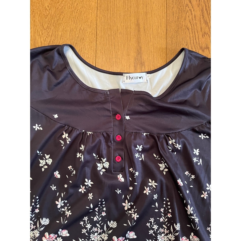 Flycurvy Floral Tunic Top Womens 3XL Black Excellent Henley Short Sleeve Blouse
